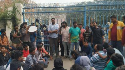 Students protest outside Hyderabad university demanding action against professor over alleged molestation of Thai student (HT Photo)