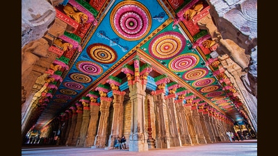 Murals have long adorned the insides of the Meenakshi temple in Madurai. But interior and exterior surfaces are increasingly being given bright coats of enamel paint, risking damage to the stones beneath. (Shutterstock) Murals have long adorned the insides of the Meenakshi temple in Madurai. But interior and exterior surfaces are increasingly being given bright coats of enamel paint, risking damage to the stones beneath. (Shutterstock)