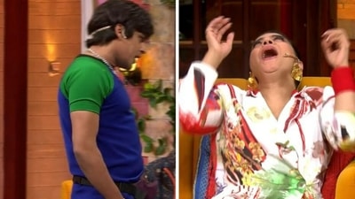 Kajol laughs on the sets of The Kapil Sharma Show. Kajol laughs on the sets of The Kapil Sharma Show.