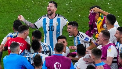 Argentina's Lionel Messi, top, celebrates with teammates at the end of the World Cup round of 16 soccer match between Argentina and Australia (AP) Argentina's Lionel Messi, top, celebrates with teammates at the end of the World Cup round of 16 soccer match between Argentina and Australia (AP)