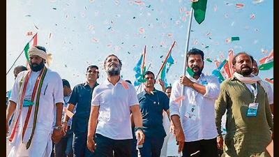 Telangana Congress president A Revanth Reddy with party leader Rahul Gandhi during the Bharat Jodo Yatra. Telangana Congress president A Revanth Reddy with party leader Rahul Gandhi during the Bharat Jodo Yatra.
