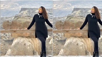 Hina teamed her sweater with a pair of black tights and a a white scarf tied to her neck. (Instagram/@realhinakhan) Hina teamed her sweater with a pair of black tights and a a white scarf tied to her neck. (Instagram/@realhinakhan)