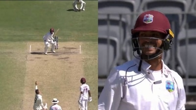 Chanderpaul almost lost his balance trying to duck under the bouncer Chanderpaul almost lost his balance trying to duck under the bouncer