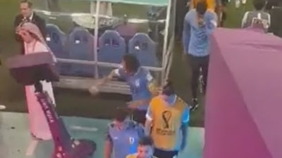Screengrab of Edinson Cavani smashing VAR display screen after Uruguay's shocking exit from FIFA World Cup 2022 (twitter) Screengrab of Edinson Cavani smashing VAR display screen after Uruguay's shocking exit from FIFA World Cup 2022 (twitter)