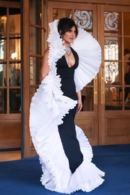 The actress wore a black and ivory ruffled gown during an event in Paris. (Gettyimages) The actress wore a black and ivory ruffled gown during an event in Paris. (Gettyimages)