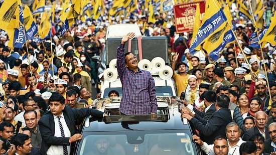 Arvind Kejriwal, chief minister of Delhi seen during a road show which is the part of Election Campaign for upcoming MCD Elections 2022 at Roshanara Road in New Delhi, India, on Wednesday, November 30, 2022. (Photo by Sanchit Khanna/Hindustan Times)