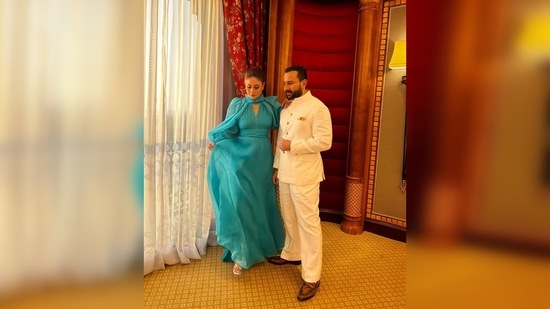 On day 1 of the festival, Kareena Kapoor donned a blue gown while Saif Ali Khan kept it royal in a white bandhgala.(Instagram/@kareenakapoorkhan)