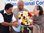 Congress leader Sonia Gandhi being felicitated by party leader KC Venugopal with Congress President Mallikarjun Kharge during the party's Steering Committee meeting, at AICC HQ in New Delhi. (HT) Congress leader Sonia Gandhi being felicitated by party leader KC Venugopal with Congress President Mallikarjun Kharge during the party's Steering Committee meeting, at AICC HQ in New Delhi. (HT)