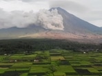 Indonesia's Semeru Volcano: Smoke and ash rising from side of Semeru volcano, in Lumajang, East Java, Indonesia.