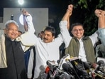 Congress general secretary KC Venugopal raises his hands with Rajasthan chief minister Ashok Gehlot, party leader Sachin Pilot and the party state President Govind Singh Dotasra during the state level coordination committee meeting on 'Bharat Jodo Yatra' at party headquarters, in Jaipur, Tuesday, November 29, 2022. (PTI Photo) Congress general secretary KC Venugopal raises his hands with Rajasthan chief minister Ashok Gehlot, party leader Sachin Pilot and the party state President Govind Singh Dotasra during the state level coordination committee meeting on 'Bharat Jodo Yatra' at party headquarters, in Jaipur, Tuesday, November 29, 2022. (PTI Photo)