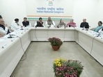 New Delhi: Congress President Mallikarjun Kharge with senior party leaders Sonia Gandhi, KC Venugopal, among others. (PTI) New Delhi: Congress President Mallikarjun Kharge with senior party leaders Sonia Gandhi, KC Venugopal, among others. (PTI)