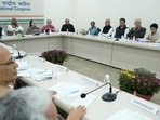 Congress chief Mallikarjun Kharge with senior party leaders Sonia Gandhi among others at Steering Committee meeting. 