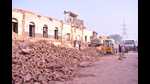 Demolition drive under way at Naya Ghat in Ayodhya on Sunday. (HH photo) Demolition drive under way at Naya Ghat in Ayodhya on Sunday. (HH photo)