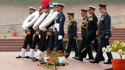 "Commemorating the glorious achievement of bombing & destroying Karachi harbour in Operation TRIDENT during 1971 War, homage was paid by CDS Gen Anil Chauhan, IAF chief Air Chief Marshal VR Chaudhari and Navy chief Admiral R Hari Kumar at the National War Memorial," the Defence officials said. (PIB) "Commemorating the glorious achievement of bombing & destroying Karachi harbour in Operation TRIDENT during 1971 War, homage was paid by CDS Gen Anil Chauhan, IAF chief Air Chief Marshal VR Chaudhari and Navy chief Admiral R Hari Kumar at the National War Memorial," the Defence officials said. (PIB)