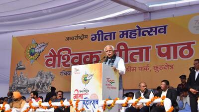 Addressing a gathering on International Gita Mahotsav , chief minister Manohar Lal Khattar said Lord Krishna gave sermons about the importance of ‘karma’ in Bhagavad Gita that are still relevant in the present era. (HT Photo) Addressing a gathering on International Gita Mahotsav , chief minister Manohar Lal Khattar said Lord Krishna gave sermons about the importance of ‘karma’ in Bhagavad Gita that are still relevant in the present era. (HT Photo)