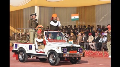 Minister Of State For Home Affairs Nityanand Rai, BSF DG Pankaj Kumar Singh during the of Border Security Force (BSF) 58th Raising Day function at Guru Nanak Dev University, Amritsar on Sunday. (Photo by Sameer Sehgal /Hindustan Times) Minister Of State For Home Affairs Nityanand Rai, BSF DG Pankaj Kumar Singh during the of Border Security Force (BSF) 58th Raising Day function at Guru Nanak Dev University, Amritsar on Sunday. (Photo by Sameer Sehgal /Hindustan Times)