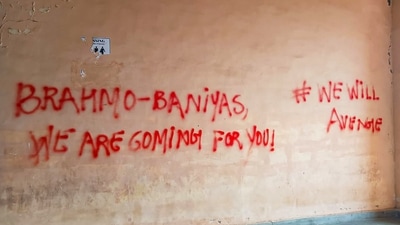Walls of JNU defaced with anti-Brahmin slogans in New Delhi. (PTI) Walls of JNU defaced with anti-Brahmin slogans in New Delhi. (PTI)
