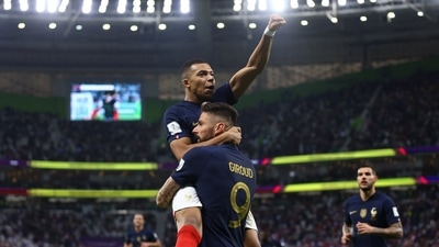 France's Olivier Giroud celebrates scoring their first goal with teammate Kylian Mbappe (REUTERS)