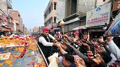 Samajwadi Party chief Akhilesh Yadav holding a road show in Mainpuri. (ANI PHOTO) Samajwadi Party chief Akhilesh Yadav holding a road show in Mainpuri. (ANI PHOTO)