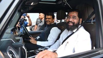 Devendra Fadnavis and Eknath Shinde taking a test-drive on Samruddhi Mahamarg on Sunday.