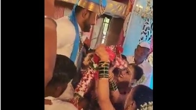 Screenshot from the viral video of of two IT professionals marrying the same man, Atul.