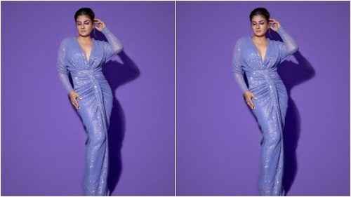 Raveena’s lilac shimmery gown is a perfect cocktail party inspiration. (Instagram/@officialraveenatandon)