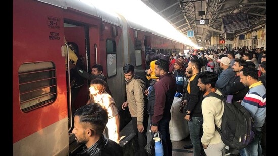 Passengers stranded at the Ludhiana Railway Station amid cancellation of several trains on Sunday. Passengers stranded at the Ludhiana Railway Station amid cancellation of several trains on Sunday.