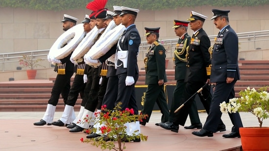 "Commemorating the glorious achievement of bombing & destroying Karachi harbour in Operation TRIDENT during 1971 War, homage was paid by CDS Gen Anil Chauhan, IAF chief Air Chief Marshal VR Chaudhari and Navy chief Admiral R Hari Kumar at the National War Memorial," the Defence officials said.(PIB)