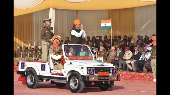 Minister Of State For Home Affairs Nityanand Rai, BSF DG Pankaj Kumar Singh during the of Border Security Force (BSF) 58th Raising Day function at Guru Nanak Dev University, Amritsar on Sunday. (Photo by Sameer Sehgal /Hindustan Times) Minister Of State For Home Affairs Nityanand Rai, BSF DG Pankaj Kumar Singh during the of Border Security Force (BSF) 58th Raising Day function at Guru Nanak Dev University, Amritsar on Sunday. (Photo by Sameer Sehgal /Hindustan Times)