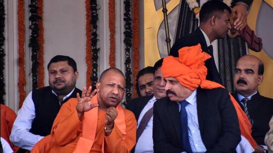 Uttar Pradesh chief minister Yogi Adityanath and former Air Chief Marshal RKS Bhadauria during foundation week celebration of Maharana Pratap Shiksha Parishad in Gorakhpur on Sunday. (PTI PHOTO)