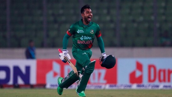 Bangladesh's Mehidy Hasan Miraz celebrates after winning the first one day international cricket match against India in Dhaka.(AP)