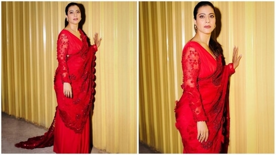 Kajol earlier stepped out to promote Salaam Venky in a red drop-dead gorgeous embellished saree.(Instagram/@kajol)