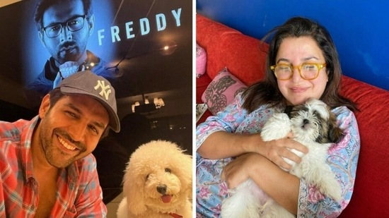 Kartik Aaryan and Farah Khan with their dogs Katori and Smoochy respectively. Kartik Aaryan and Farah Khan with their dogs Katori and Smoochy respectively.