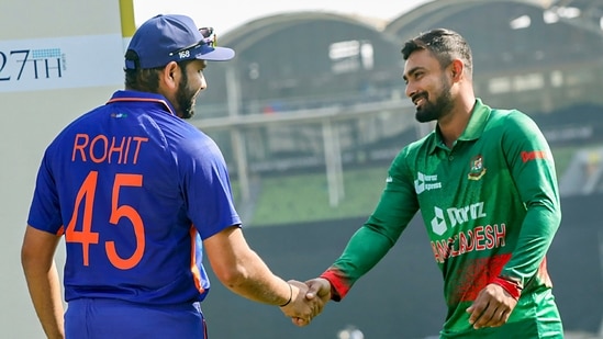 India's cricket team captain Rohit Sharma and Bangladesh's cricket team captain Litton Das during the unveiling of the trophy of the 3-match ODI cricket series (PTI)