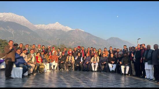 Top Himachal BJP leaders, including chief minister Jai Ram Thakur, after convening a meeting in Dharamshala on Sunday. (Twitter/@jairamthakurbjp)