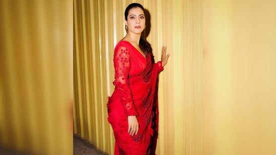 Kajol, one again took the ethnic fashion game to new heights as she drapes a gorgeous red saree for Salaam Venky promotions.(Instagram/@kajol)