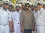 Chiranjeevi posed with Indian Navy officers in Goa (left); a throwback photo from the actor's NCC days. Chiranjeevi posed with Indian Navy officers in Goa (left); a throwback photo from the actor's NCC days.