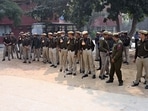 Heavy security presence out side a Polling booth in a Govt School at Chhattarpur Pahari, (area where walker were Murdered ) for elections of the Municipal Corporation of Delhi (MCD) , in New Delhi , India, on Sunday, December 4, 2022. (Photo by Vipin Kumar/ Hindustan Times)