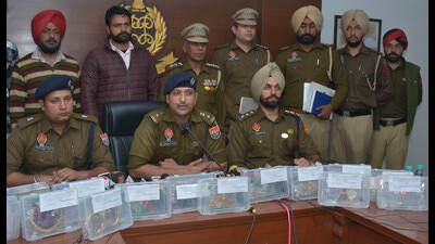 Mohali SSP Sandeep Garg giving details of the arrest. (Keshav Singh/HT) Mohali SSP Sandeep Garg giving details of the arrest. (Keshav Singh/HT)