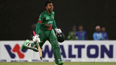 Mehidy Hasan Miraz celebrates after hitting the winning shot during the 1st ODI against India (ANI) Mehidy Hasan Miraz celebrates after hitting the winning shot during the 1st ODI against India (ANI)