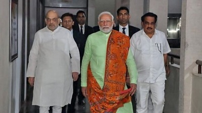 Prime Minister Narendra Modi arrived in Ahmedabad on Sunday ahead of the crucial second phase polling in Gujarat today.