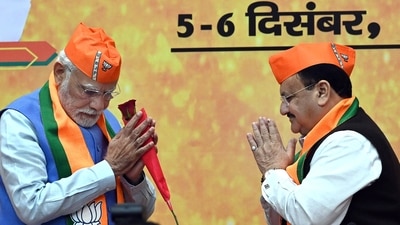 Prime Minister Narendra Modi greeted by the BJP National President JP Nadda. (Hindustan Times)