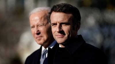 French President Emmanuel Macron and US President Joe Biden are seen. (Reuters)