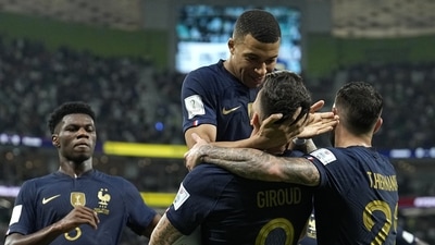 FIFA World Cup 2022: Kylian Mbappe celebrates with Oliver Giroud. (AP) FIFA World Cup 2022: Kylian Mbappe celebrates with Oliver Giroud. (AP)