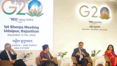 Leaders take part in the first G20 Sherpa meeting under India’s presidency, in Udaipur, Rajasthan on Sunday. (PTI) Leaders take part in the first G20 Sherpa meeting under India’s presidency, in Udaipur, Rajasthan on Sunday. (PTI)