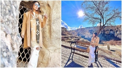 Hina accessorised the ensemble with a beige and grey-coloured shawl, chunky white sneakers, tinted sunglasses, and a broad-strap watch. In the end, Hina chose centre-parted open tresses, berry-toned lip shade, glowing skin, and blushed cheeks for the glam picks. (Instagram) Hina accessorised the ensemble with a beige and grey-coloured shawl, chunky white sneakers, tinted sunglasses, and a broad-strap watch. In the end, Hina chose centre-parted open tresses, berry-toned lip shade, glowing skin, and blushed cheeks for the glam picks. (Instagram)