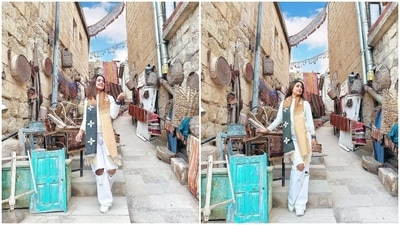 Hina wore a solid white cardigan featuring a snug fitting, ribbed raised neckline and vertical pattern on the hem and cuffs. She teamed it with high-waisted denim jeans that come with distressed details, frayed hem, and flared silhouette. Lastly, a long coat with notch lapel collars and full-length sleeves rounded it off. (Instagram) Hina wore a solid white cardigan featuring a snug fitting, ribbed raised neckline and vertical pattern on the hem and cuffs. She teamed it with high-waisted denim jeans that come with distressed details, frayed hem, and flared silhouette. Lastly, a long coat with notch lapel collars and full-length sleeves rounded it off. (Instagram)