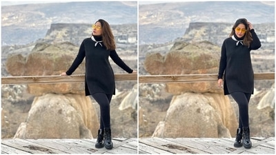 Lastly, Hina accessorised the outfit with yellow-tinted sunglasses, chunky combat boots, and a printed scarf tied around the neck. She chose darkened brows, wine-red lip shade, mascara on the lashes, and sie-parted open tresses for the glam picks. (Instagram) Lastly, Hina accessorised the outfit with yellow-tinted sunglasses, chunky combat boots, and a printed scarf tied around the neck. She chose darkened brows, wine-red lip shade, mascara on the lashes, and sie-parted open tresses for the glam picks. (Instagram)
