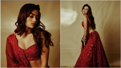 Rashmika Mandanna earlier left the internet spellbound with her red contemporary lehenga look. (Instagram/@rashmika_mandanna)