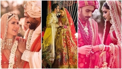 Hansika Motwani, Katrina Kaif, Deepika Padukone and other actors who chose the red hue for their wedding. (Instagram) Hansika Motwani, Katrina Kaif, Deepika Padukone and other actors who chose the red hue for their wedding. (Instagram)